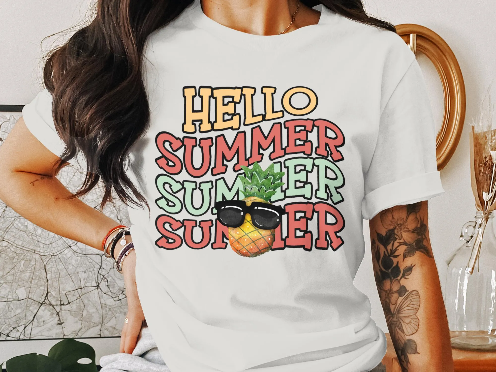 Hello Summer Pineapple T-Shirt, Cute Tropical Fruit Tee, Beach Vacation Shirt, Sunglasses Pineapple Graphic Top, Unisex Apparel