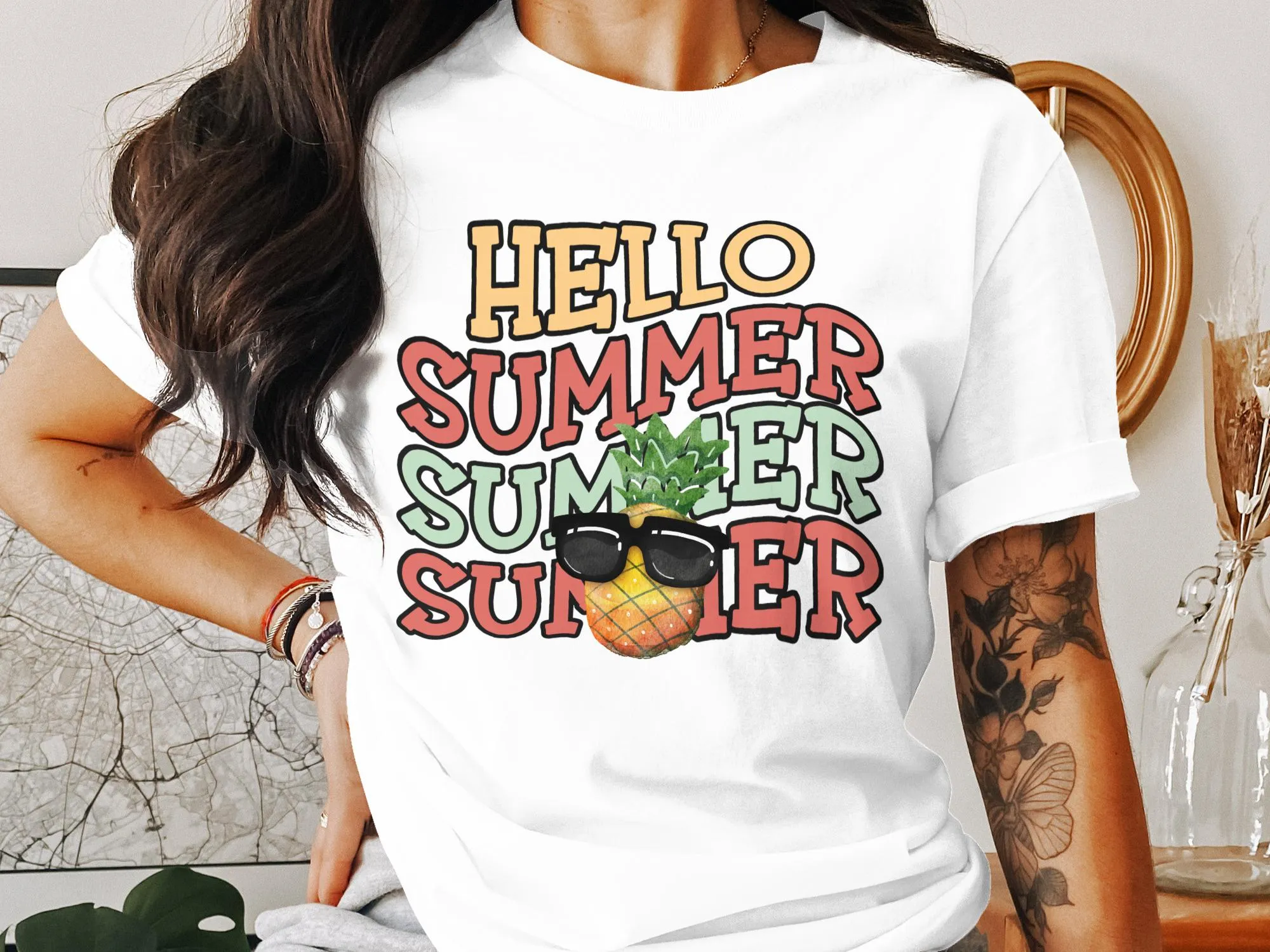 Hello Summer Pineapple T-Shirt, Cute Tropical Fruit Tee, Beach Vacation Shirt, Sunglasses Pineapple Graphic Top, Unisex Apparel