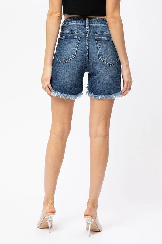HIGH RISE HIGH-LOW DENIM SHORTS