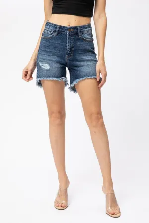 HIGH RISE HIGH-LOW DENIM SHORTS