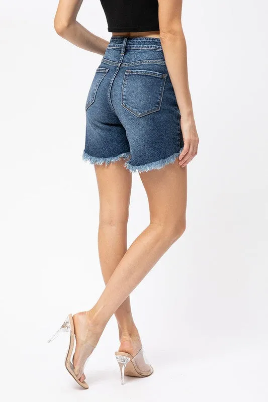 HIGH RISE HIGH-LOW DENIM SHORTS