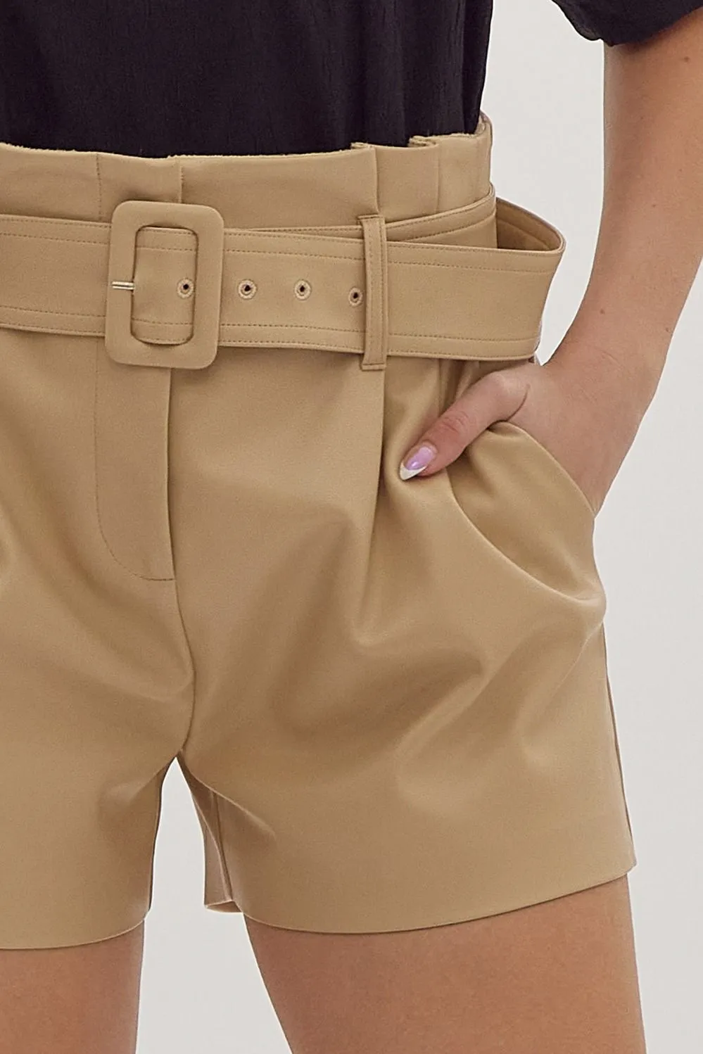 High Waist Belted Leather Shorts {Beige}