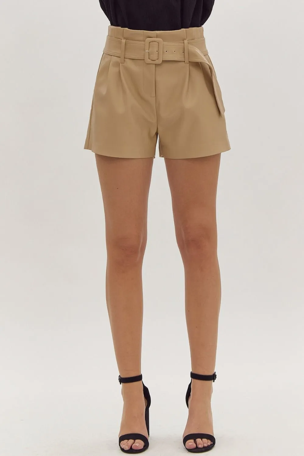 High Waist Belted Leather Shorts {Beige}