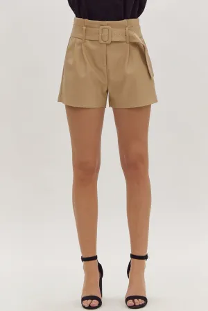 High Waist Belted Leather Shorts {Beige}