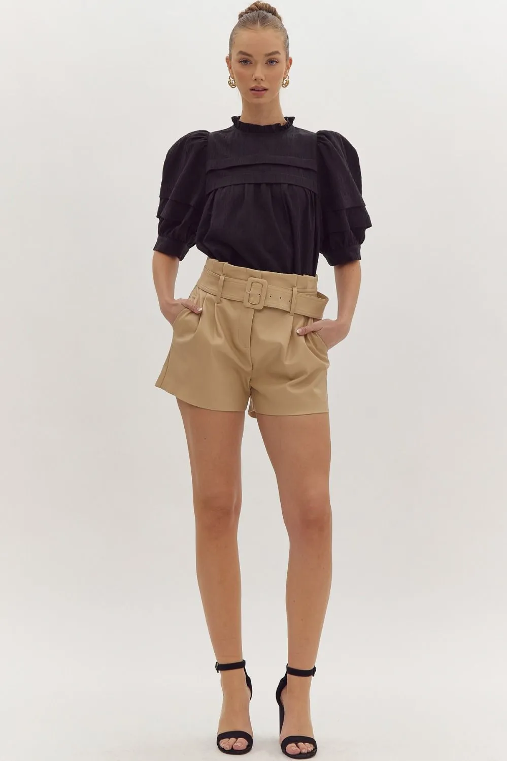 High Waist Belted Leather Shorts {Beige}