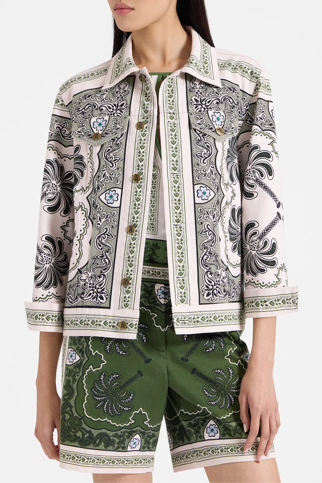 JJ Jean Jacket | Mirage Placée Green in Cotton Drill