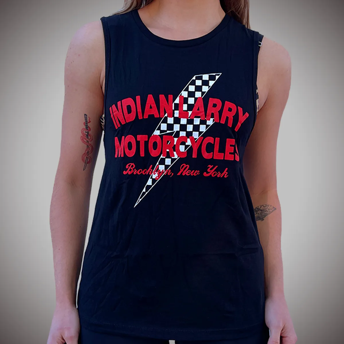 Ladies Checkered Lightning Black Muscle Tank