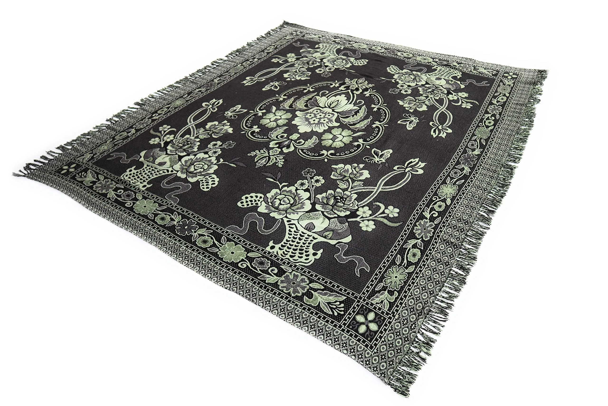 Large Cotton Knitted Thrown Blanket Floral Designs Dark Gray and Green. Bed Quilt with Floral Designs. Wool Tapestry for Sofa, Couch, Bed. Wool Rug. Multiple Uses. Fringed. 76" L x 68.25" W