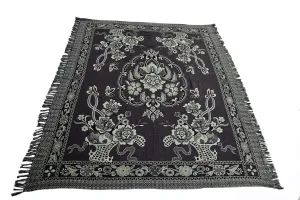 Large Cotton Knitted Thrown Blanket Floral Designs Dark Gray and Green. Bed Quilt with Floral Designs. Wool Tapestry for Sofa, Couch, Bed. Wool Rug. Multiple Uses. Fringed. 76" L x 68.25" W