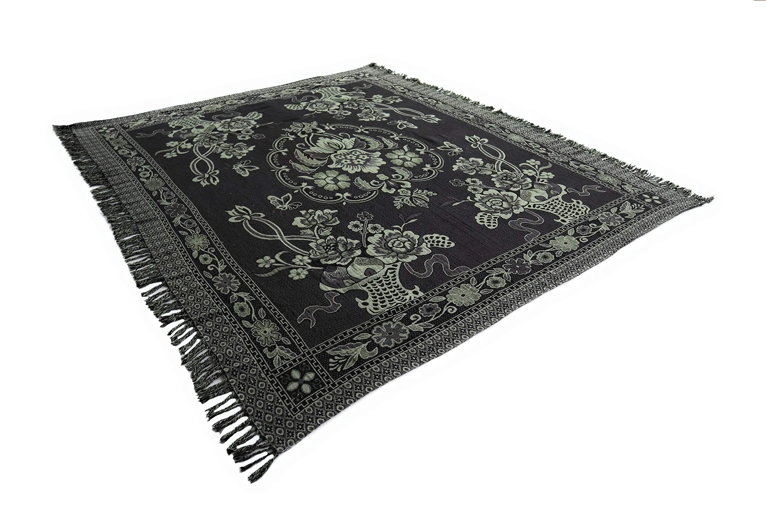 Large Cotton Knitted Thrown Blanket Floral Designs Dark Gray and Green. Bed Quilt with Floral Designs. Wool Tapestry for Sofa, Couch, Bed. Wool Rug. Multiple Uses. Fringed. 76" L x 68.25" W