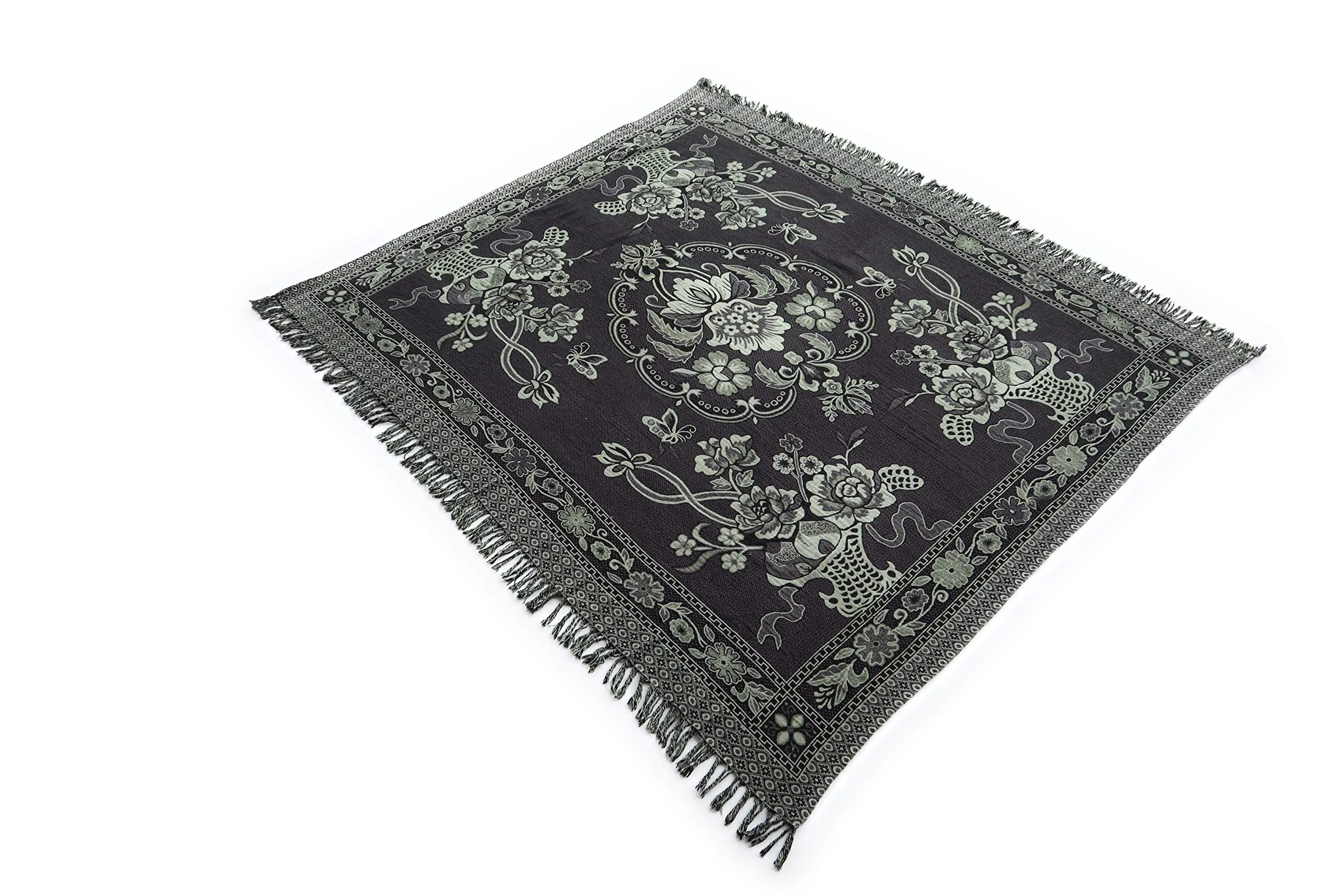 Large Cotton Knitted Thrown Blanket Floral Designs Dark Gray and Green. Bed Quilt with Floral Designs. Wool Tapestry for Sofa, Couch, Bed. Wool Rug. Multiple Uses. Fringed. 76" L x 68.25" W
