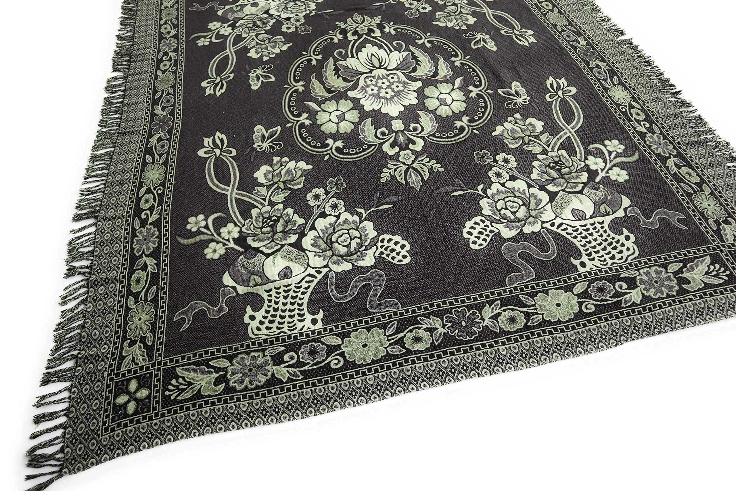 Large Cotton Knitted Thrown Blanket Floral Designs Dark Gray and Green. Bed Quilt with Floral Designs. Wool Tapestry for Sofa, Couch, Bed. Wool Rug. Multiple Uses. Fringed. 76" L x 68.25" W