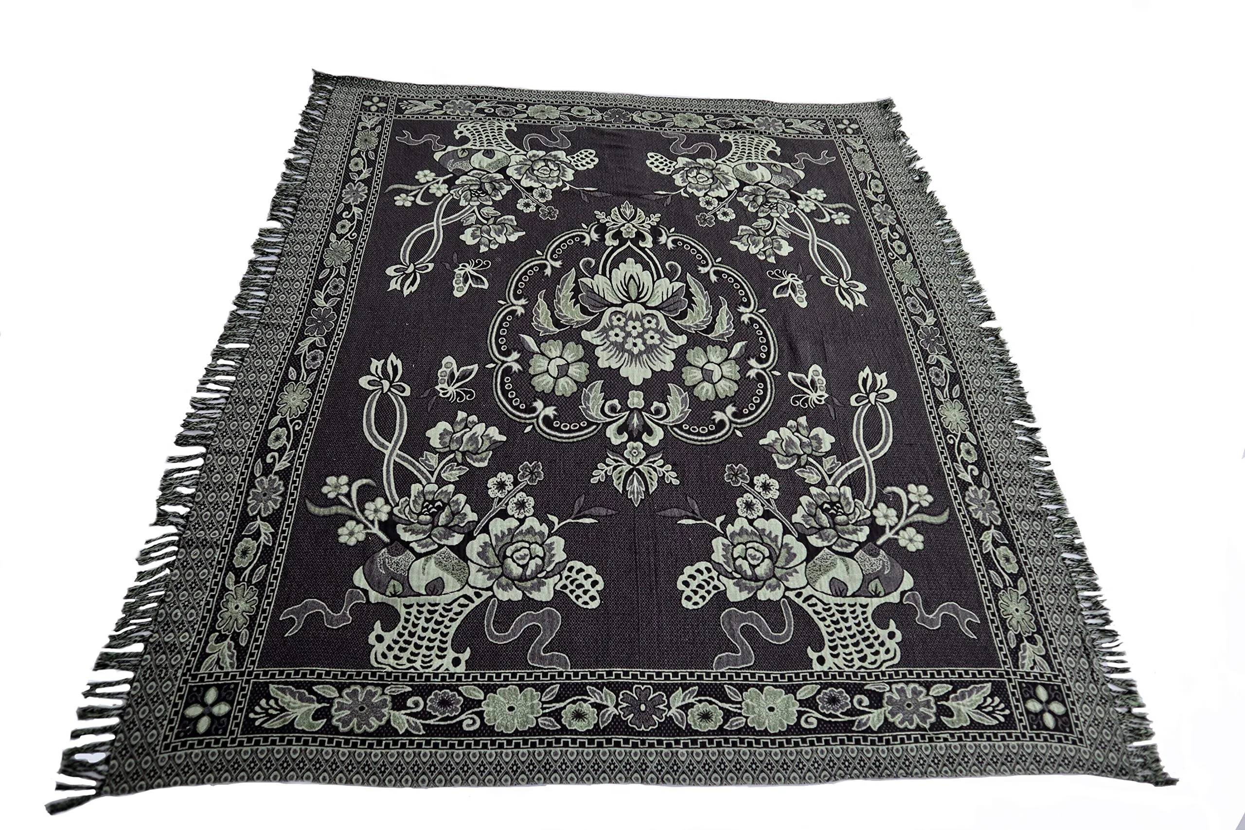 Large Cotton Knitted Thrown Blanket Floral Designs Dark Gray and Green. Bed Quilt with Floral Designs. Wool Tapestry for Sofa, Couch, Bed. Wool Rug. Multiple Uses. Fringed. 76" L x 68.25" W