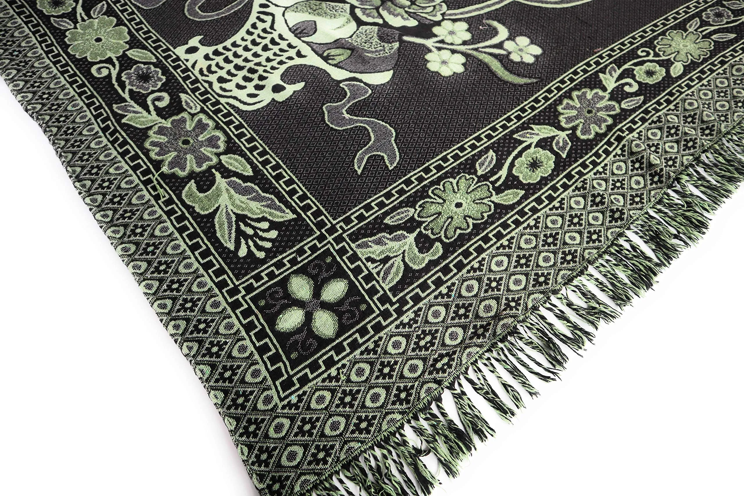 Large Cotton Knitted Thrown Blanket Floral Designs Dark Gray and Green. Bed Quilt with Floral Designs. Wool Tapestry for Sofa, Couch, Bed. Wool Rug. Multiple Uses. Fringed. 76" L x 68.25" W