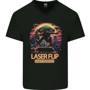 Laserflip Skateboards Skateboarder UFO Alien Mens V-Neck Cotton T-Shirt