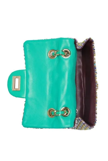 Leather Chain Trimmed Tweed Shoulder Bag
