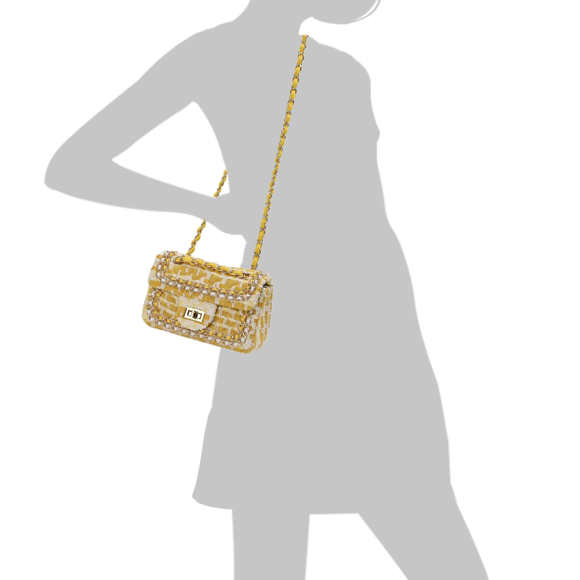 Leather Chain Trimmed Tweed Shoulder Bag