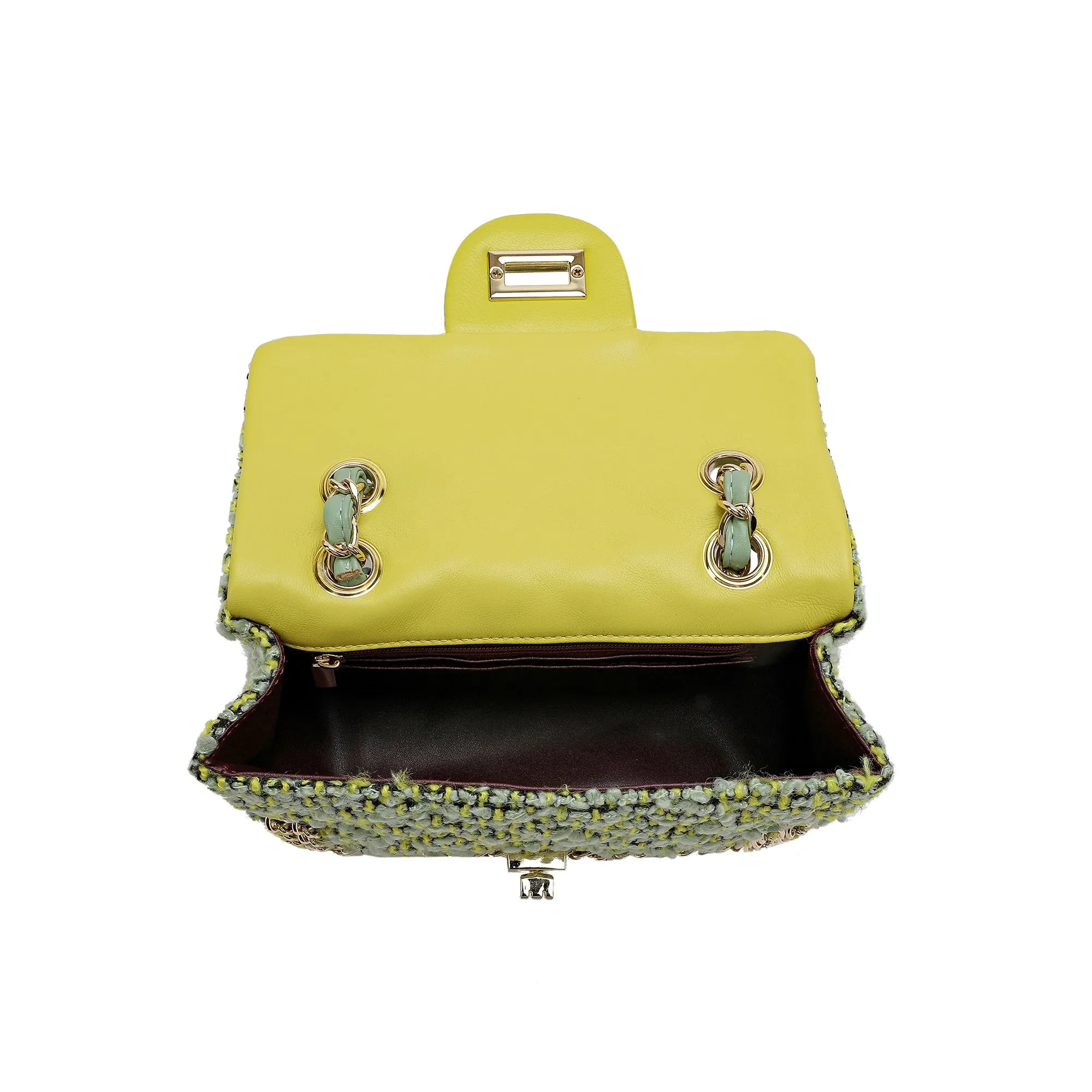 Leather Chain Trimmed Tweed Shoulder Bag