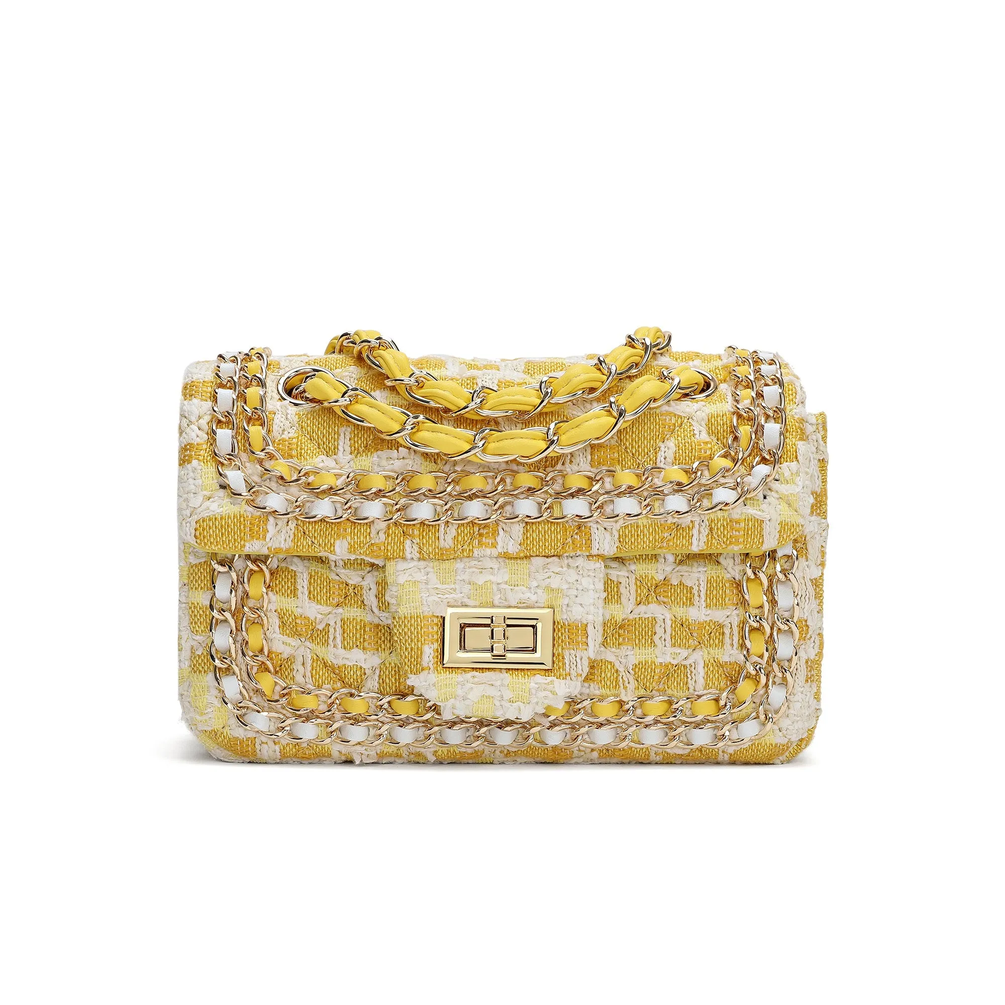 Leather Chain Trimmed Tweed Shoulder Bag