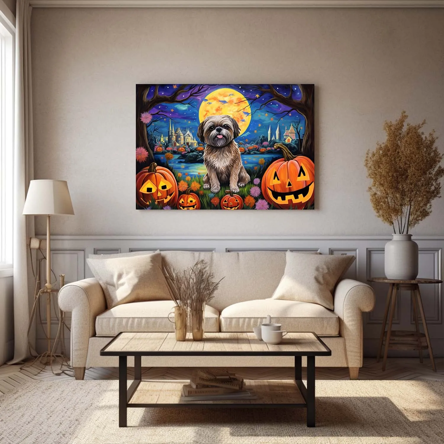 Lhasa Apsos Dog 01 Halloween With Pumpkin Oil Painting Van Goh Style, Wooden Canvas Prints Wall Art Painting , Canvas 3d Art
