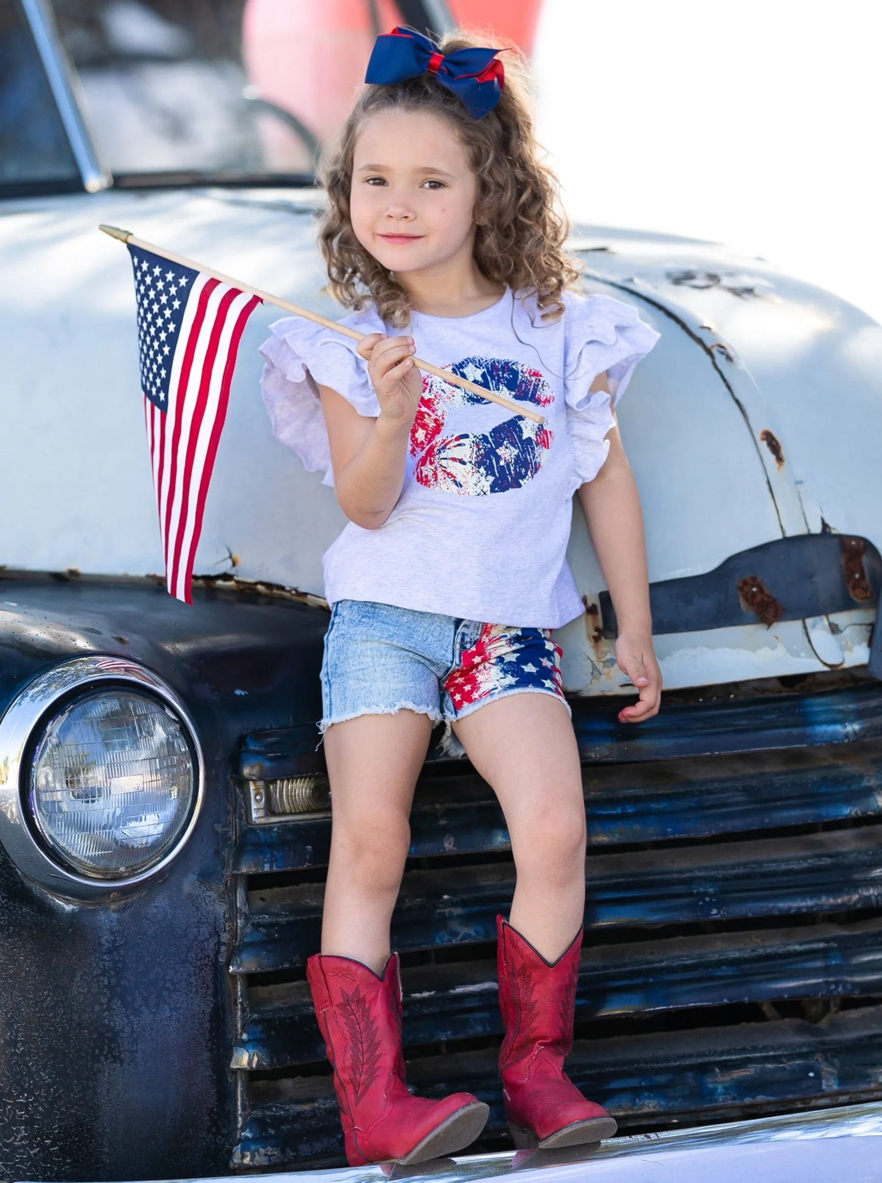 Liberty Kisses Flutter Top and Patched Denim Short Set