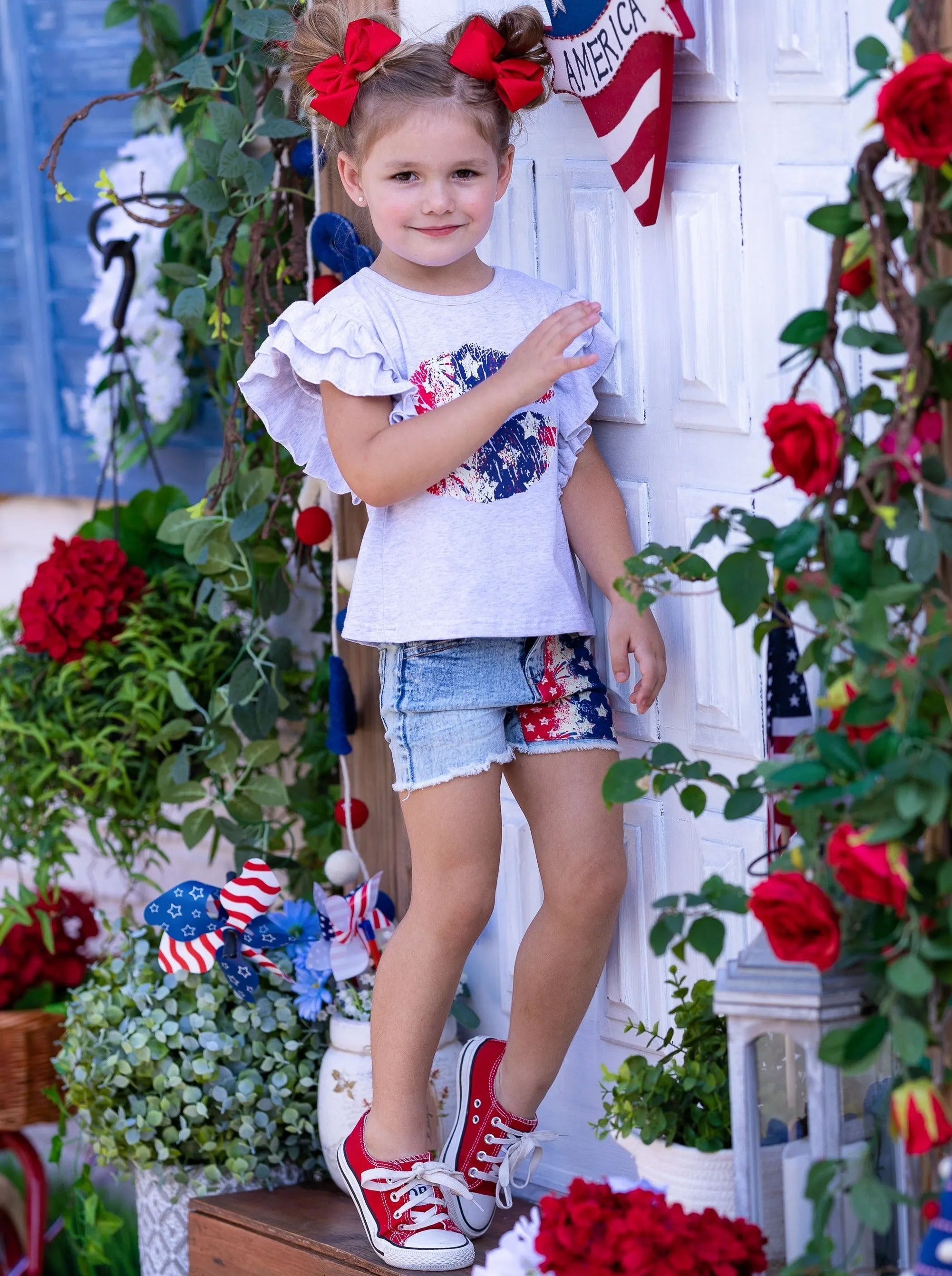 Liberty Kisses Flutter Top and Patched Denim Short Set