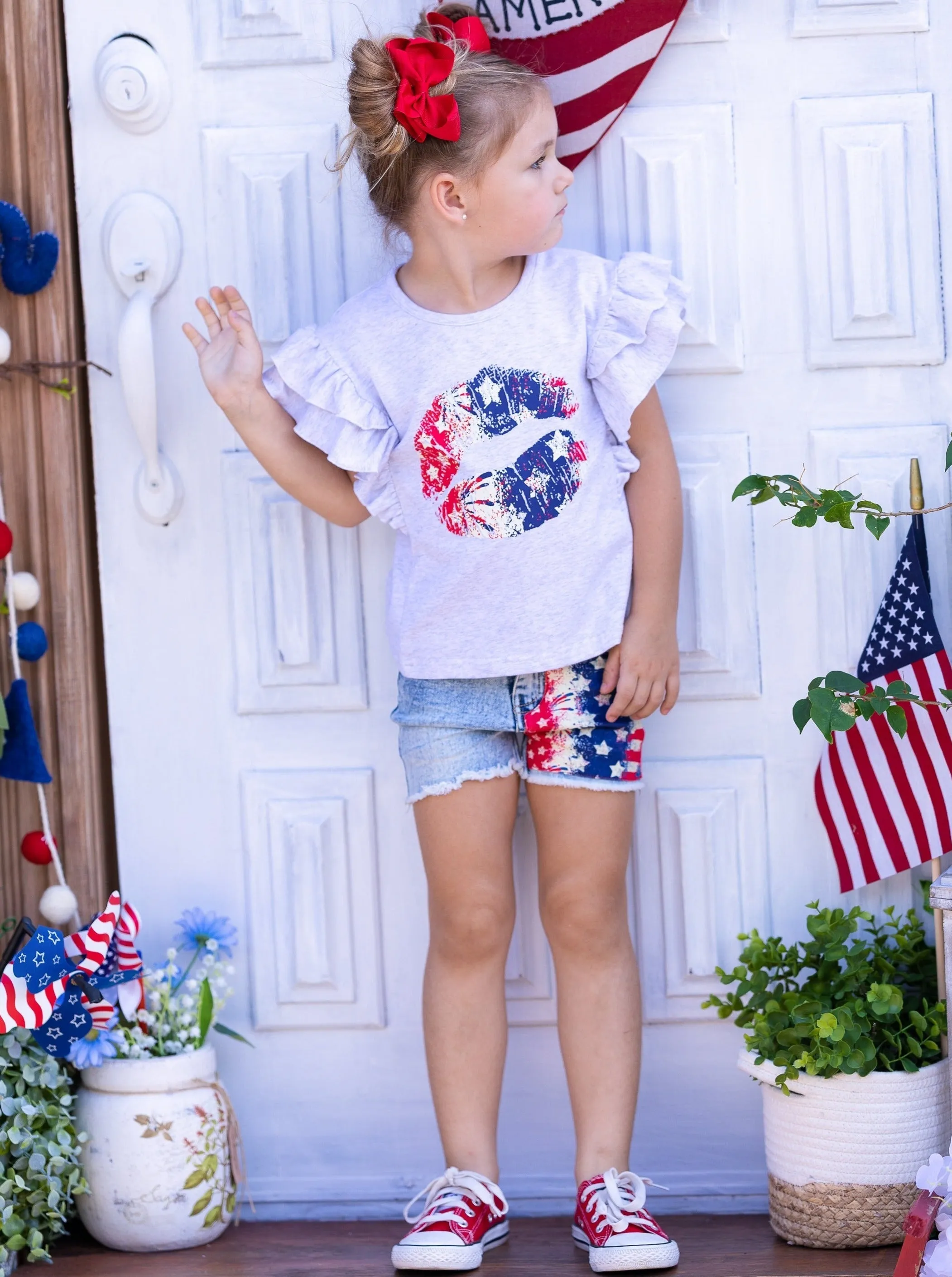 Liberty Kisses Flutter Top and Patched Denim Short Set