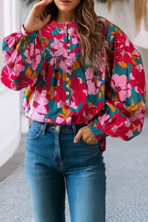 Lilly Floral Printed Balloon Sleeve Half Buttons Blouse