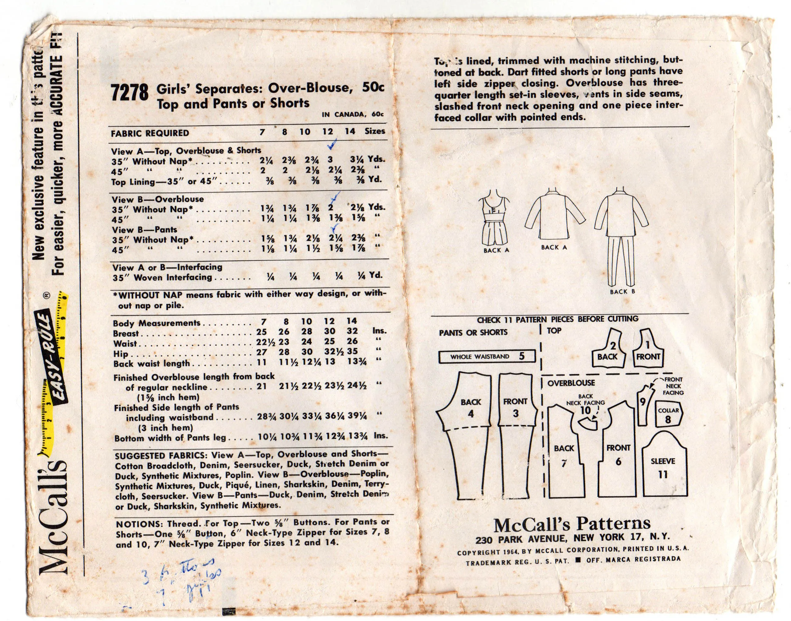 McCall's 7278 Teen Girl's Summer Separates 1960s Vintage Sewing Pattern Size 12