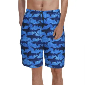 Men Swimwear Swim Shorts: Shark Pattern in Black and Blue