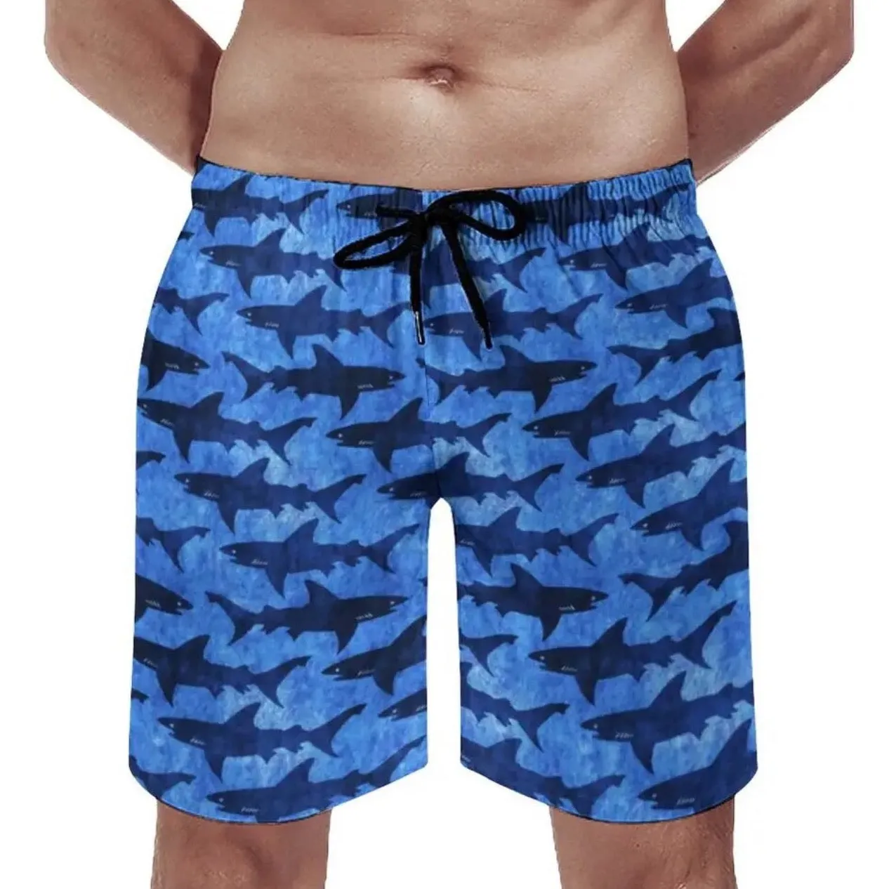 Men Swimwear Swim Shorts: Shark Pattern in Black and Blue
