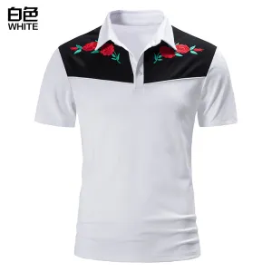 Men Turnover Collar Patchwork Flowers Short Sleeves T-Shirt