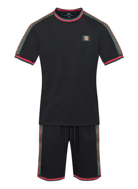 Men's Casual Pattern Side Design Black/Red/Green Short Set