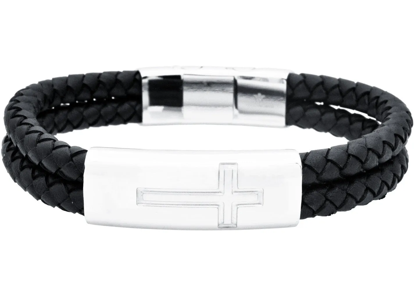 Men's Double Strand Black Leather Stainless Steel Cross Bracelet