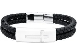 Men's Double Strand Black Leather Stainless Steel Cross Bracelet