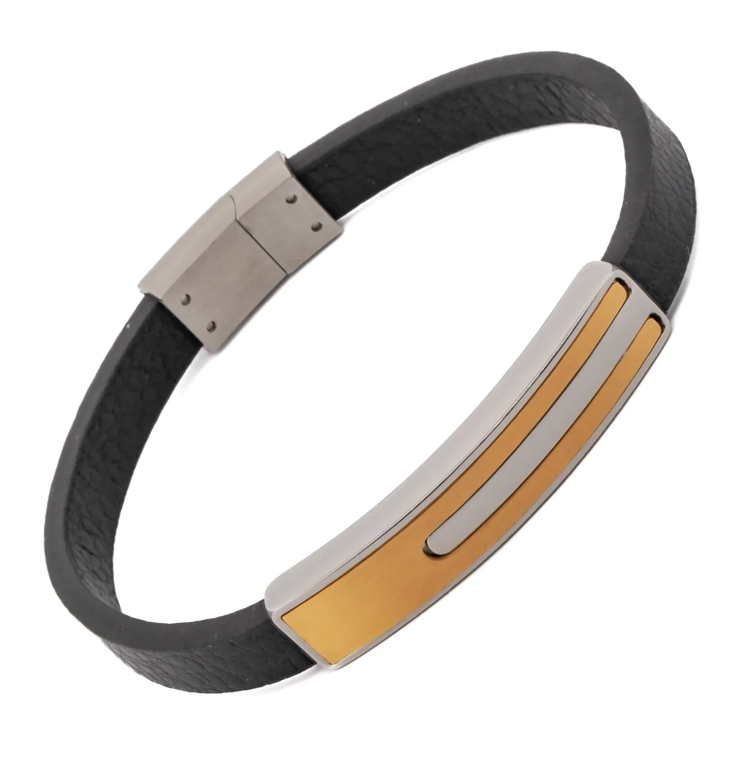 Men's Fashion Style Black Leather Gold Bracelet