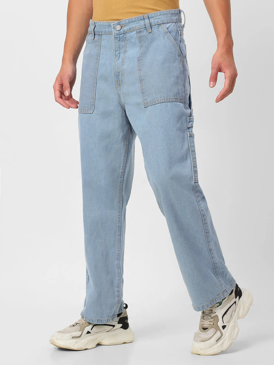 Men's Ice Blue Loose Fit Cargo Carpenter Jeans With 6 Pockets Non-Stretchable