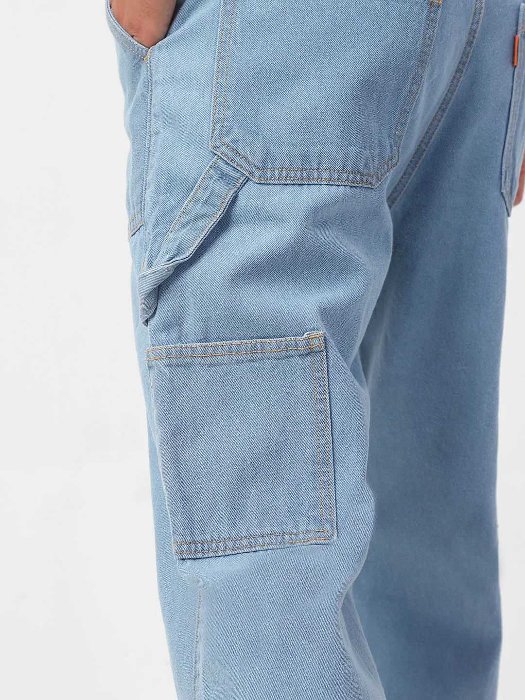 Men's Ice Blue Loose Fit Cargo Carpenter Jeans With 6 Pockets Non-Stretchable