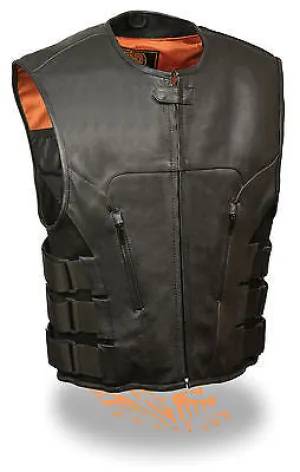 Men's Motorcycle Biker Updated Swat team style leather vest W/2 Gun pockets