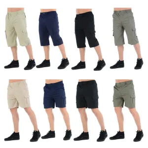 Mens Plain 3/4 Three Quarter Length Shorts Cargo Combat Casual Summer Beach Poly Cotton 6 Pockets Work ¾ Shorts Elasticated Waist Lightweight Pants Plus Big Sizes S-5XL