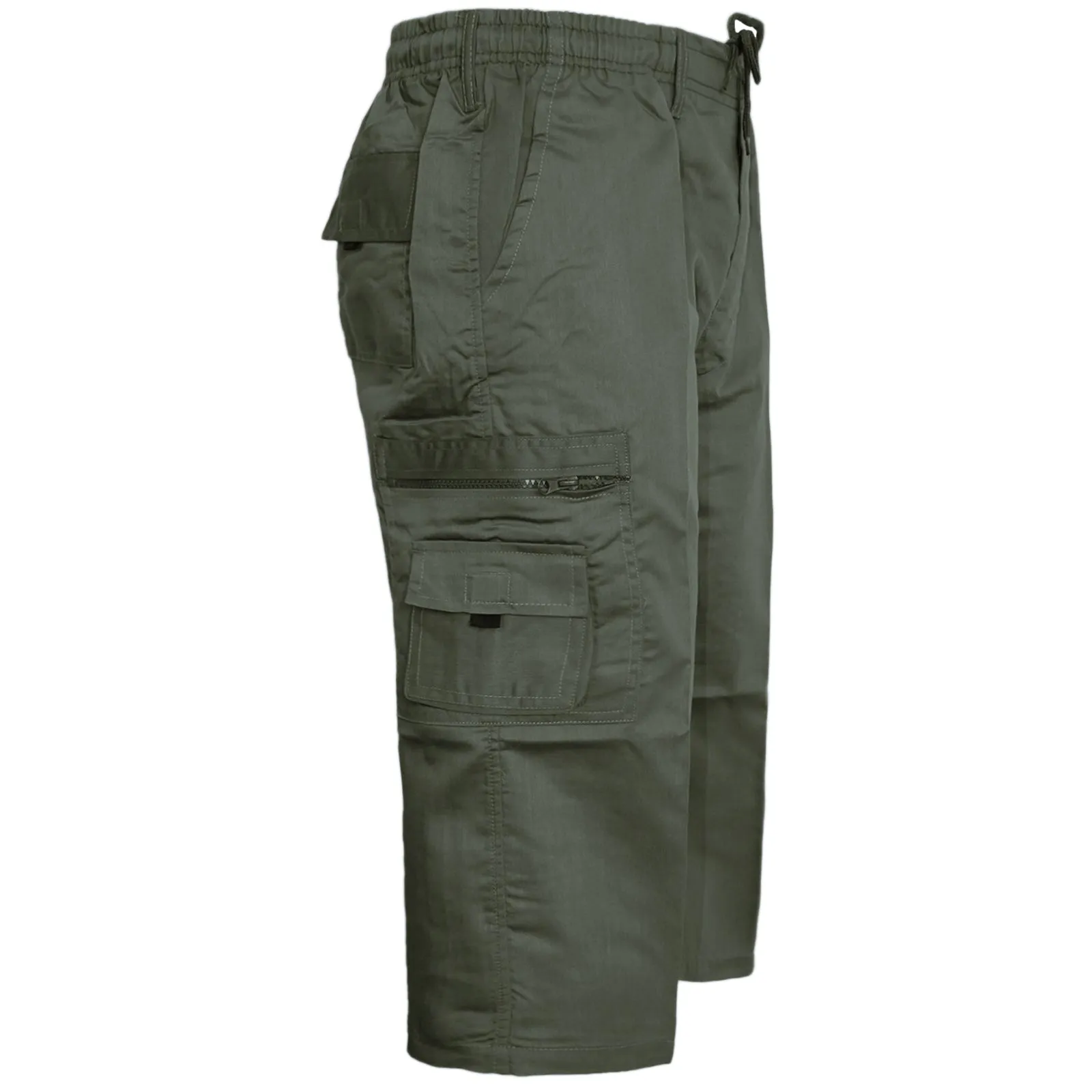 Mens Plain 3/4 Three Quarter Length Shorts Cargo Combat Casual Summer Beach Poly Cotton 6 Pockets Work ¾ Shorts Elasticated Waist Lightweight Pants Plus Big Sizes S-5XL