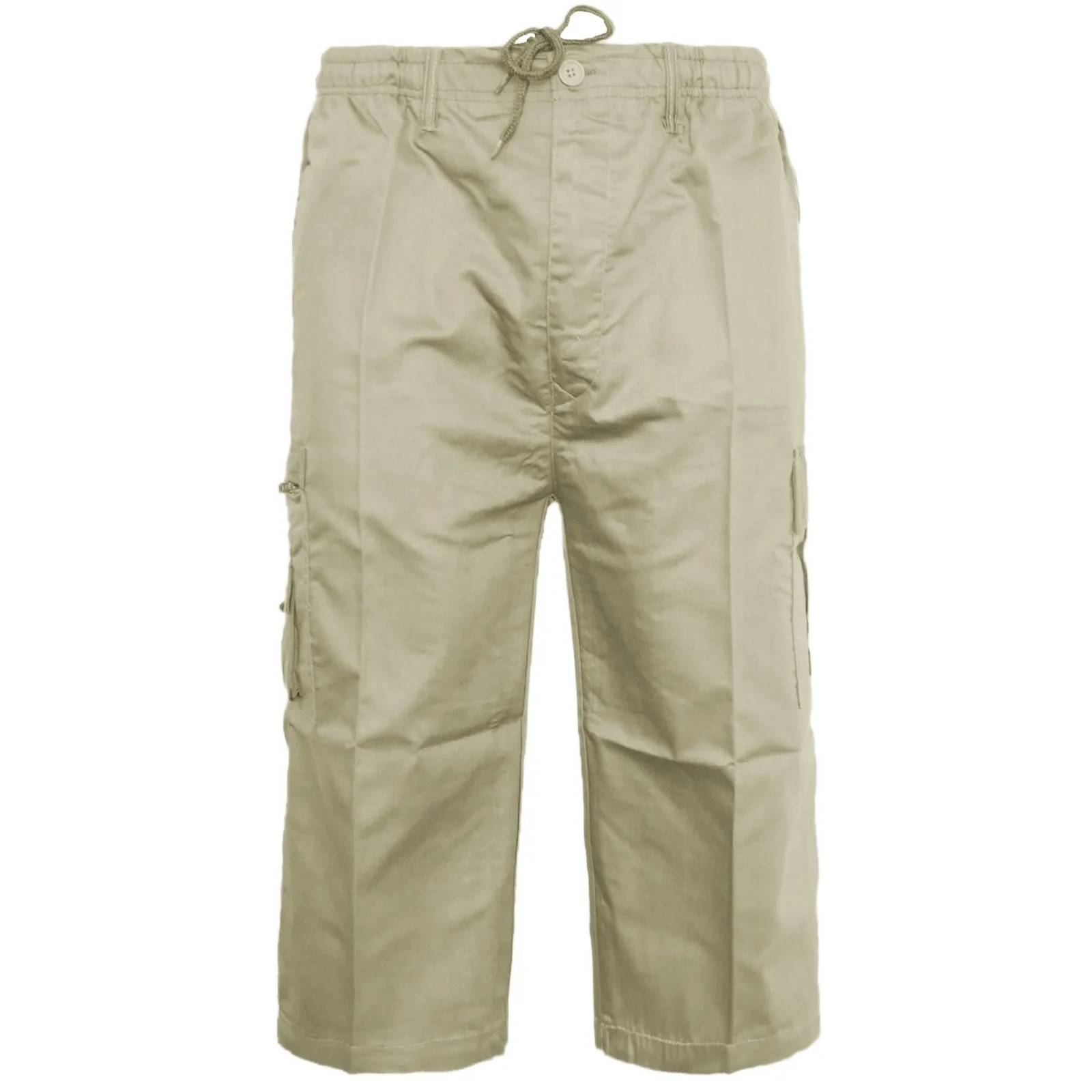 Mens Plain 3/4 Three Quarter Length Shorts Cargo Combat Casual Summer Beach Poly Cotton 6 Pockets Work ¾ Shorts Elasticated Waist Lightweight Pants Plus Big Sizes S-5XL