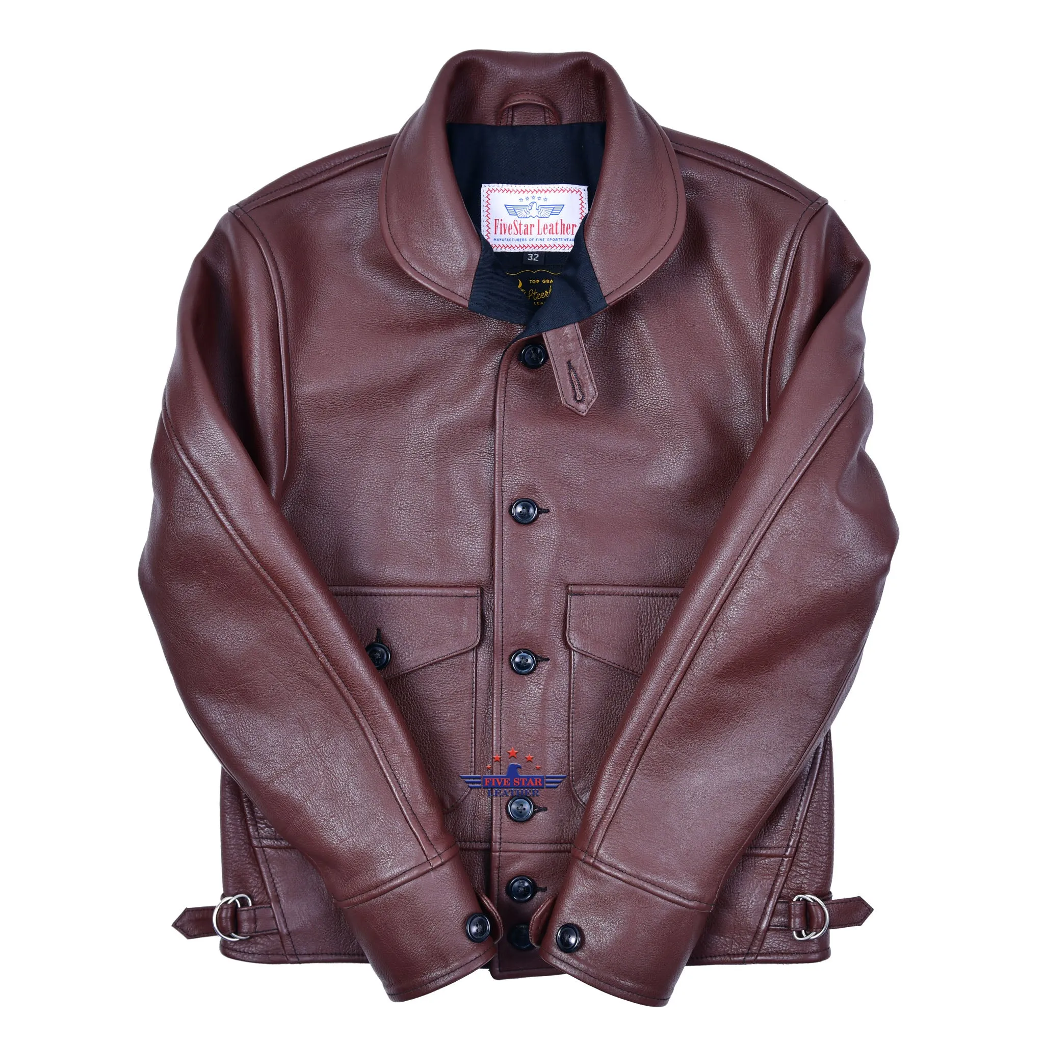 Men's Repro 1930s Vintage Cossack Real Steer hide Leather Jacket Russet Brown