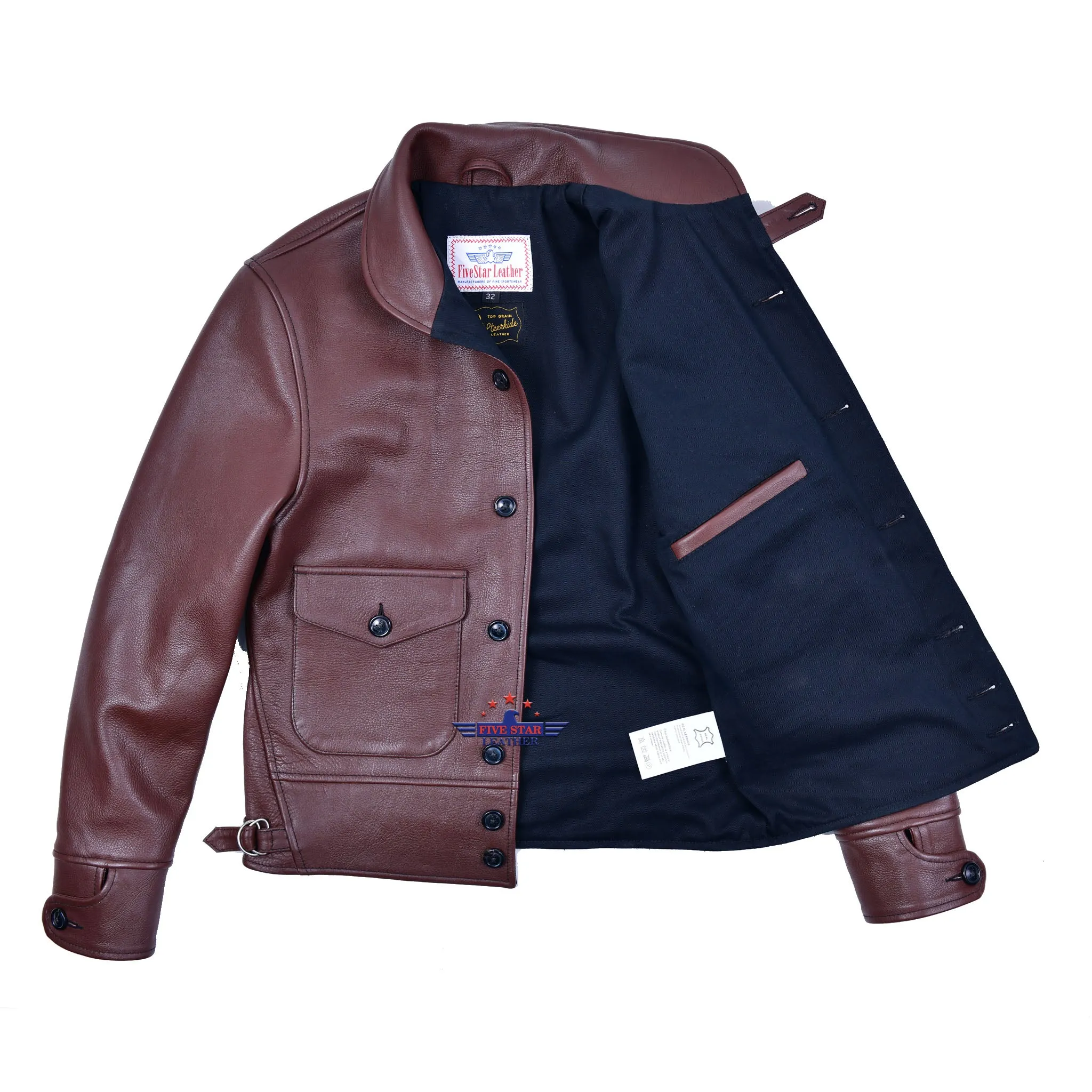 Men's Repro 1930s Vintage Cossack Real Steer hide Leather Jacket Russet Brown