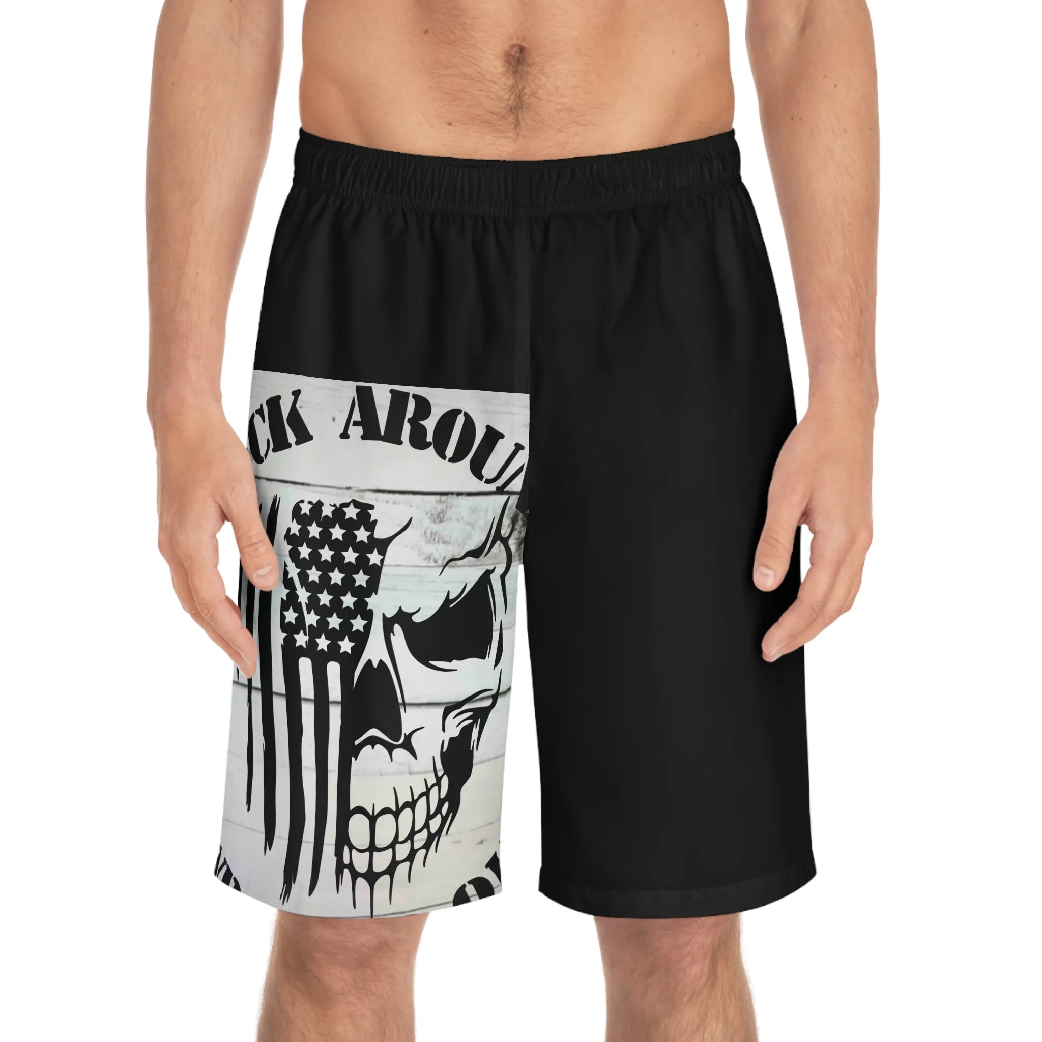 Men's Skull Print Board Shorts - "F*** Around and Find Out" Design