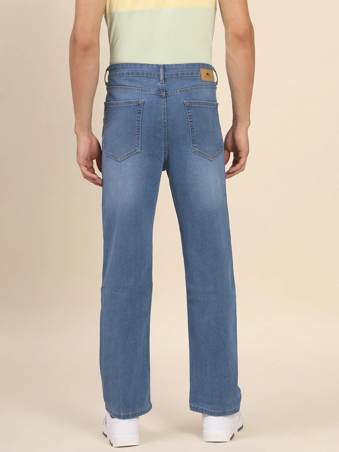 Men's Slim Fit Light Blue Denim Jeans Waistband With Belt Loops Has A Button Rivet And Zip Closure