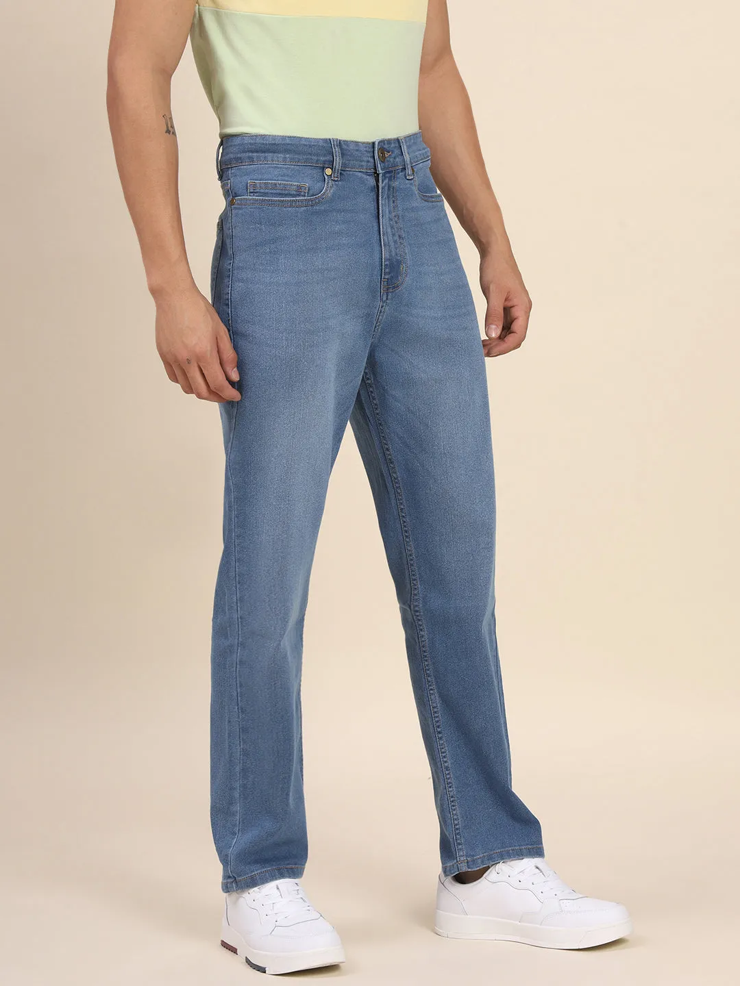 Men's Slim Fit Light Blue Denim Jeans Waistband With Belt Loops Has A Button Rivet And Zip Closure