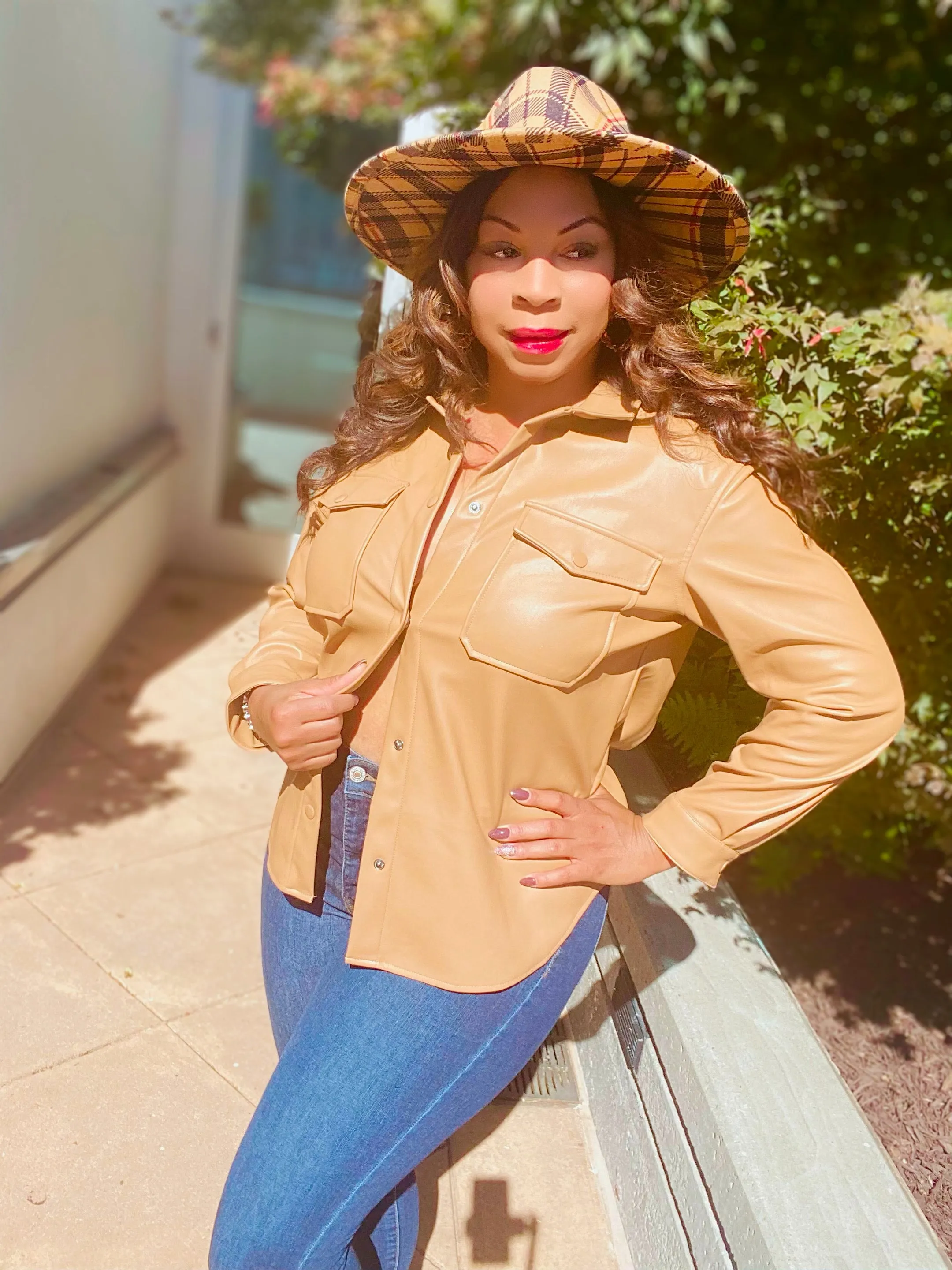Mocha Leather Button Shirt Jacket