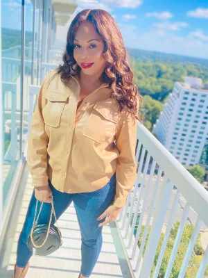 Mocha Leather Button Shirt Jacket
