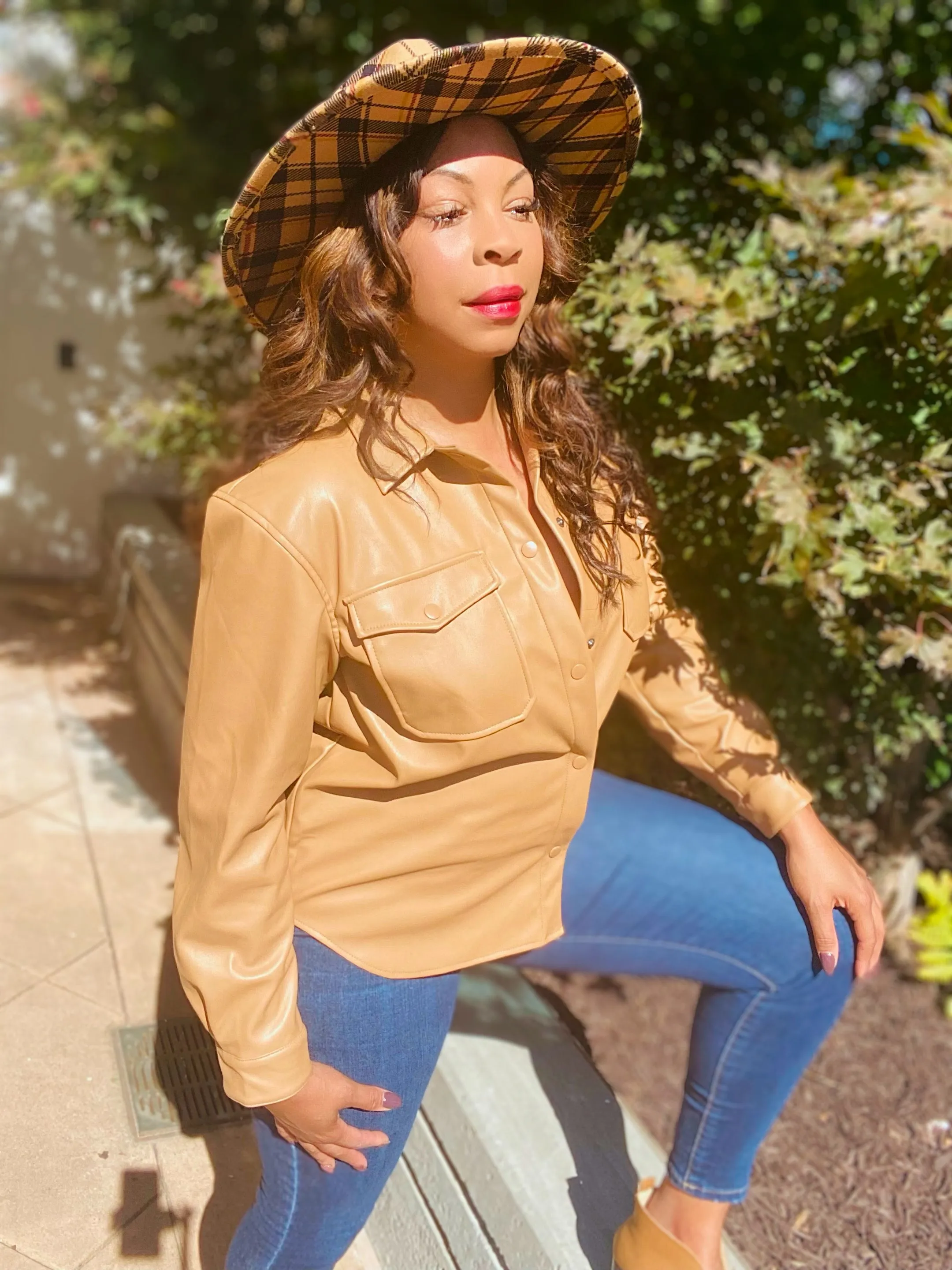Mocha Leather Button Shirt Jacket